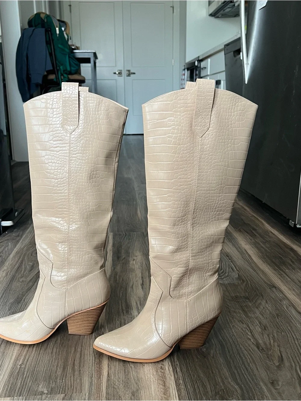 Tall Croc-Embossed Cream Knee-High Boots